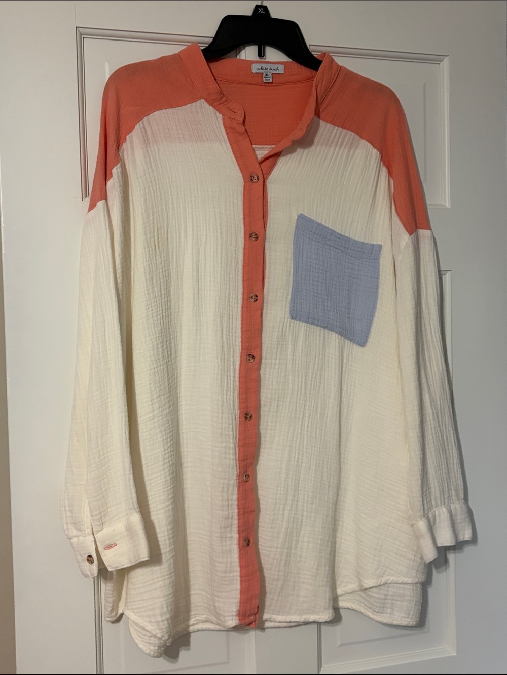White Birch Coral Trim Gauze Button-Up Shirt with Light periwinkle Pocket